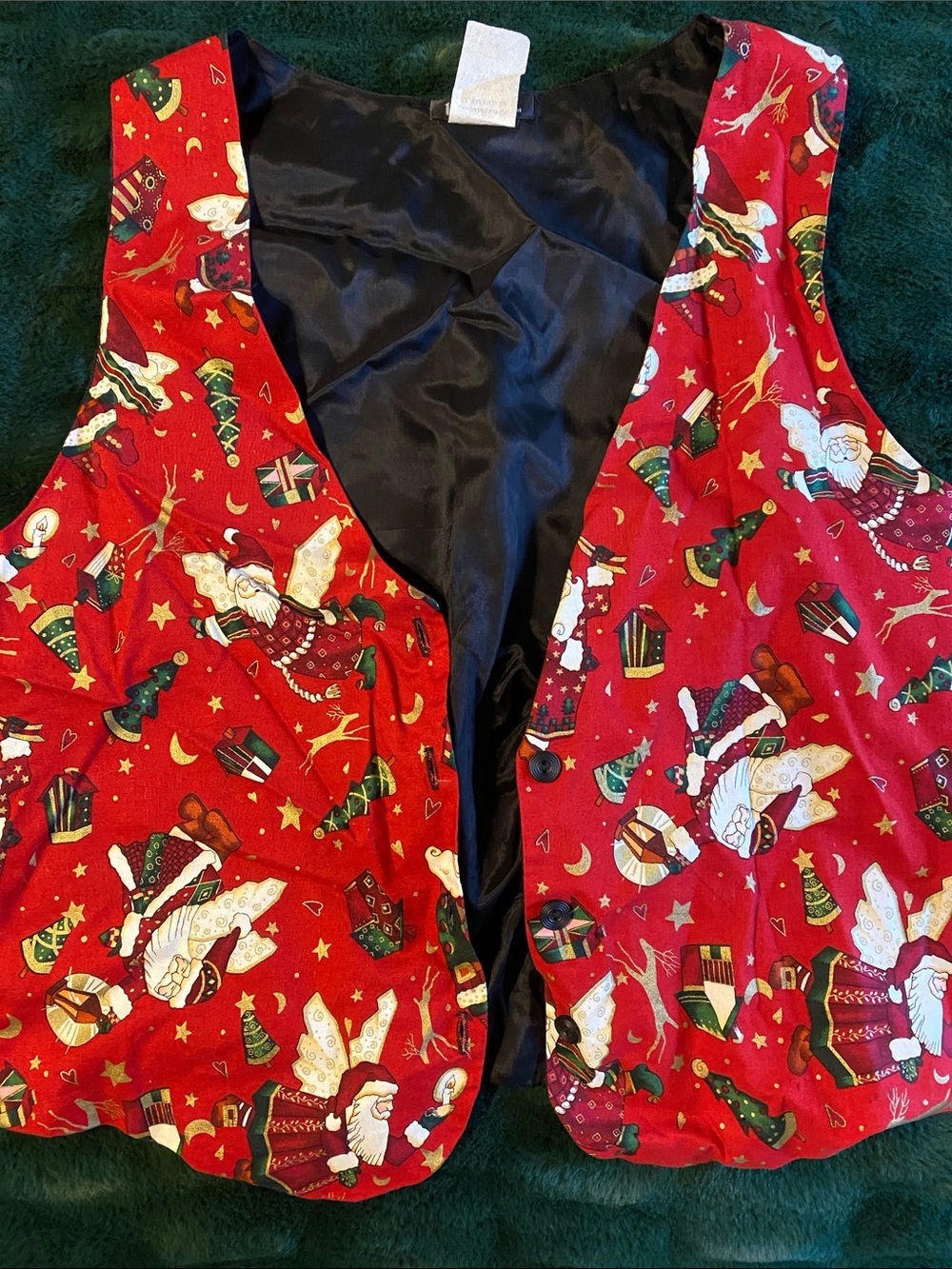 Women's Red Holiday Santa Print Vest with Black Satin Lining